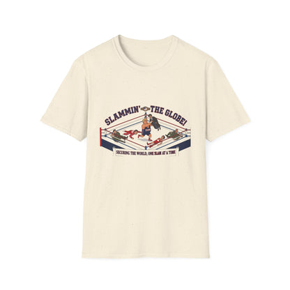 Slammin’ the Globe Wrestling Ring T-Shirt – 'Slammin’ the World, One Slam at a Time' Graphic Tee