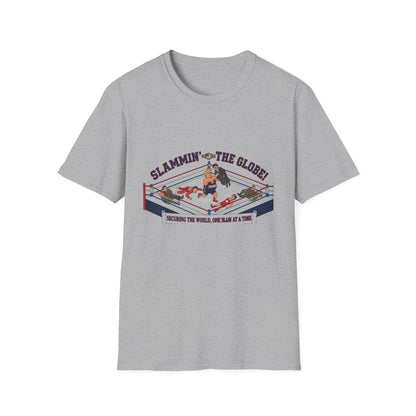 Slammin’ the Globe Wrestling Ring T-Shirt – 'Slammin’ the World, One Slam at a Time' Graphic Tee
